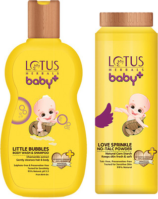 Lotus Herbals baby+ Handcrafted by Nature ( Body Wash & Shampoo 200ml + Love Sprinkle No-Talc Powder 100gm )(Set of 2)
