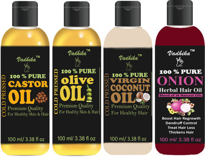 

Vadhika Premium Castor oil,Olive oil,Coconut oil & Onion oil Combo of 4 bottles of 100 ml(400ml) Hair Oil (400 ml) Hair Oil(400 ml)