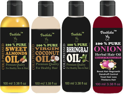 

Vadhika Premium Sweet Almonds oil , Virgin coconut oil , Bhringraj oil & onion oil Combo of 4 bottles of 100 ml(400ml) Hair Oil (400 ml) Hair Oil(400 ml)