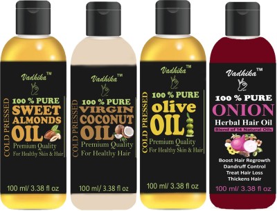 Vadhika Premium Sweet Almonds oil,Virgin Coconut oil,Olive oil & Onion oil Combo of 4 bottles of 100 ml(400ml) Hair Oil (400 ml) Hair Oil(400 ml)