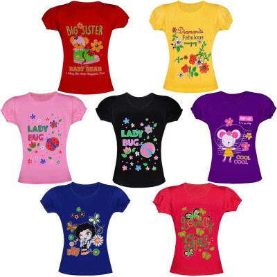 SASHWI Girls Printed Cotton Blend T Shirt(Multicolor, Pack of 7)