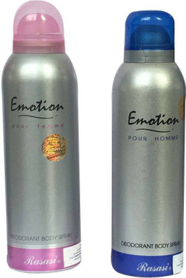 

Rasasi ***Emotion Pour Homme & Emotion Pour Femme (Pack of 2) Deodorant Spray - For Men & Women Deodorant Spray - For Men & Women(400 ml, Pack of 2)