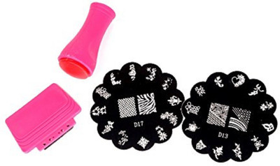 

AURINKO Nail Art Stamping Steel Plate 2 Pcs, 1 Stamper, 1 Scraper Complete Kit with New Unique Designs(pink and silver)