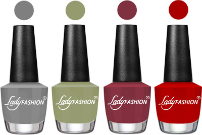 

Lady Fashion Most Alluring High Gloss Effect Matte Nail Polish Combo ( Set of 4 ) Grey, Magic Nude, Mauve, Red(Pack of 4)