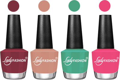 

Lady Fashion Most Alluring High Gloss Effect Matte Nail Polish Combo ( Set of 4 ) Mauve, Nude, Green, Bright Pink(Pack of 4)