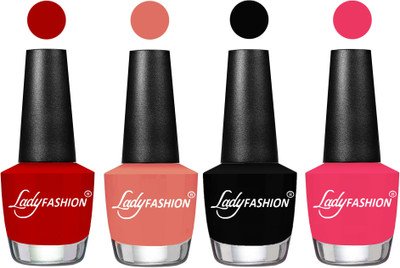 

Lady Fashion Most Alluring High Gloss Effect Matte Nail Polish Combo ( Set of 4 ) Red, Coral Sunset, Black, Sweet Pink(Pack of 4)