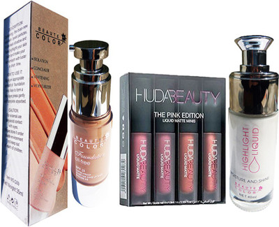 

Beaut Color Silver Color Highlighter Liquid With Foundation SPF-25 & 4 Mini Red Lipstic(Set of 3)