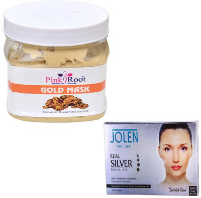 

Pink Root GOLD MASK 500GM WITH JOLEN REAL SILVER FACIAL KIT 50GM(Set of 2)