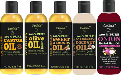 

Vadhika Premium Castor oil,Olive oil,Sweet Almonds, Coconut & Onion oil Combo of 5 bottles of 100 ml(500ml) Hair Oil (500 ml) Hair Oil(500 ml)
