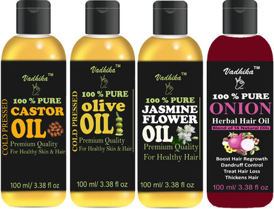 

Vadhika Premium CASTOR OIL,Olive oil,Jasmine oil & Onion oil Combo of 4 bottles of 100 ml(400ml) Hair Oil (400 ml) Hair Oil(400 ml)