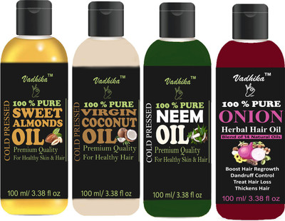 

Vadhika Premium Onion oil,Sweet Almonds Oil,Virgin Coconut oil and Neem oil Combo of 4 bottles of 100 ml(400ml) Hair Oil(400 ml)