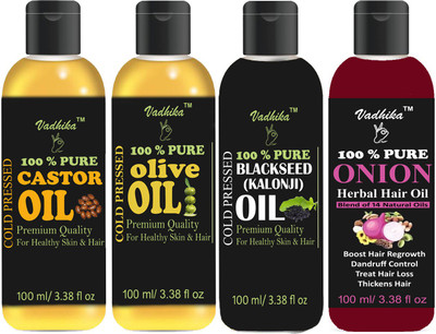 

Vadhika Premium Castor oil,Olive oil,Blackseed (Kalonji) oil & Onion oil Combo of 4 bottles of 100 ml(400ml) Hair Oil (400 ml) Hair Oil(400 ml)