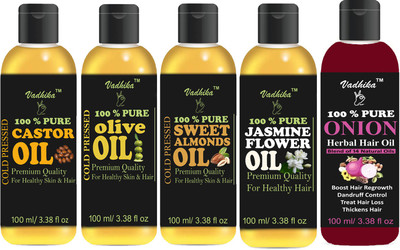 

Vadhika Premium Castor oil,Olive oil,Sweet Almonds oil,Jasmine oil & Onion oil Combo of 5 bottles of 100 ml(500ml) Hair Oil (500 ml) Hair Oil(500 ml)