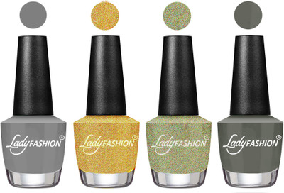 

Lady Fashion Most Alluring High Gloss Effect Matte Nail Polish Combo ( Set of 4 ) Grey, Chrome, Aqua, Dark Grey(Pack of 4)