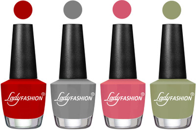

Lady Fashion Most Alluring High Gloss Effect Matte Nail Polish Combo ( Set of 4 ) Red, Grey, Violine Dawn, Magic Nude(Pack of 4)