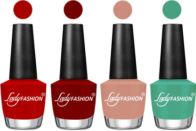 

Lady Fashion Most Alluring High Gloss Effect Matte Nail Polish Combo ( Set of 4 ) Red, Blood Red, Nude, Green(Pack of 4)