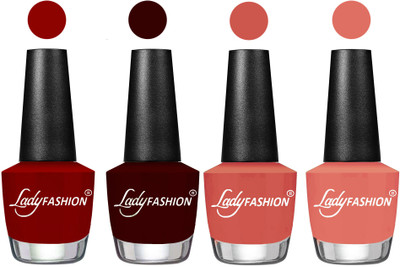 

Lady Fashion Most Alluring High Gloss Effect Matte Nail Polish Combo ( Set of 4 ) Blood Red , Plum, Ton, Coral Sunset(Pack of 4)