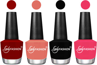 

Lady Fashion Most Alluring High Gloss Effect Matte Nail Polish Combo ( Set of 4 ) Blood Red , Coral Sunset, Black, Sweet Pink(Pack of 4)