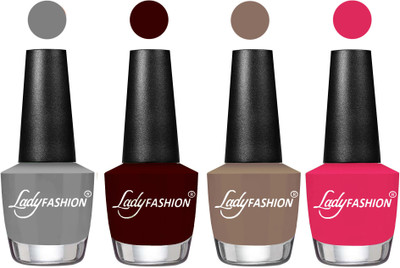 

Lady Fashion Most Alluring High Gloss Effect Matte Nail Polish Combo ( Set of 4 ) Grey, Maroon, Beige,Strawberry(Pack of 4)