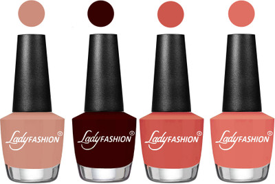 

Lady Fashion Most Alluring High Gloss Effect Matte Nail Polish Combo ( Set of 4 ) Nude , Plum, Ton, Coral Sunset(Pack of 4)