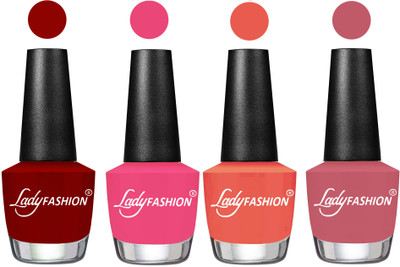 

Lady Fashion Most Alluring High Gloss Effect Matte Nail Polish Combo ( Set of 4 ) Blood Red , Bright Pink, Carrot, Nude Pink(Pack of 4)