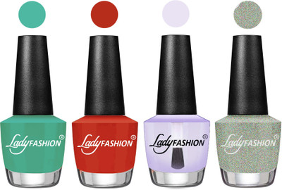 

Lady Fashion Most Alluring High Gloss Effect Matte Nail Polish Combo ( Set of 4 ) Green , Amber, Top Coat, Silver(Pack of 4)