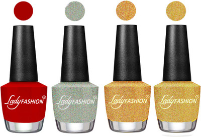 

Lady Fashion Most Alluring High Gloss Effect Matte Nail Polish Combo ( Set of 4 ) Red, Silver, Golden, Chrome(Pack of 4)