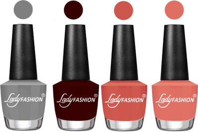 

Lady Fashion Most Alluring High Gloss Effect Matte Nail Polish Combo ( Set of 4 ) Grey, Plum, Ton, Coral Sunset(Pack of 4)