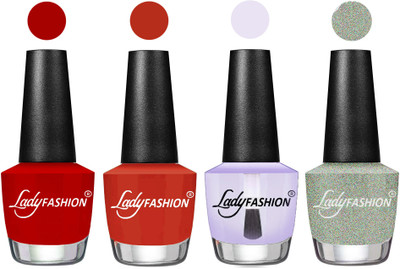 

Lady Fashion Most Alluring High Gloss Effect Matte Nail Polish Combo ( Set of 4 ) Red, Amber, Top Coat, Silver(Pack of 4)