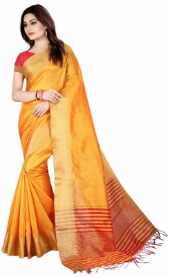 Kanooda Prints Self Design Maheshwari Cotton Silk Saree(Mustard)