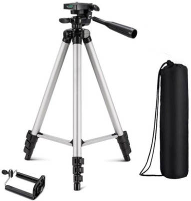 snowbudy Portable Tripod-3110 Extendable Camera and Mobile Selfie Stand With Three-Way Head & Quick Release Plate For Digital Cameras and mobile clip holder for Mobiles & Smartphones Tripod(Silver, Black, Supports Up to 1500 g)