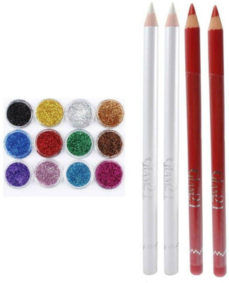 

Rtb Glitter eye shadow powder pack of 12 with eyeliner/lipliner 2 red + 2 white(Set of 16)