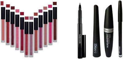 

Ladymode Kajal & Eyeliner,Mascara,Eyebrow Pencil And HudaLipBeauty 12 Piece Lipstick(Set of 16)