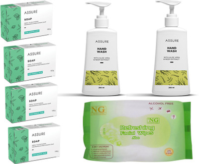 

Assure soap 4 pcs and hand wash 250 ml 2 pcs with facial wipes(Set of 7)