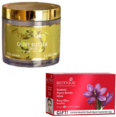 

Pink Root OLIVE BUTTER CREAM 100GM WITH BIOTIQUE PARTY GLOW FACIAL KIT 65GM(Set of 2)