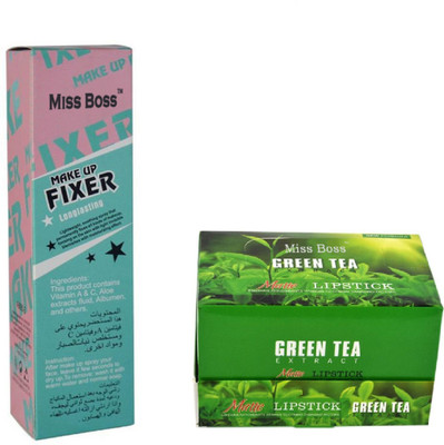 

Miss Boss ads 24 green tea lipstick and PRO LONG LASTING MAKE UP FIXER CAN BE APPLIED O ANY TYPE OF MAKE UP MIST & FIX Primer - 150 ml combo(Set of 2)