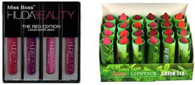 

Miss Boss 24 green tea lipstick and hb red edition lipstick 16ml (set of 4) combo(Set of 2)