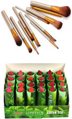 

Miss Boss 24 green tea lipstick and nk 12 golden makeup brushes combo(Set of 2)
