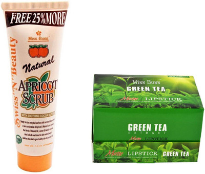 

Miss Boss ads 24 green tea lipstick and Natural Apricot Scrub with Soothing cocoa Butter (212gm) combo(Set of 2)
