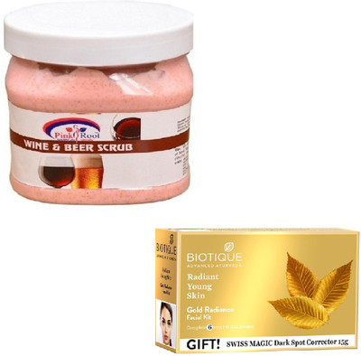 

Pink Root WINE & BEER SCRUB 400GM WITH BIOTIQUE GOLD RADIANCE FACIAL KIT 65GM(Set of 2)