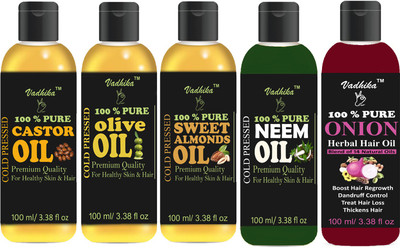 

Vadhika Premium Castor oil,Olive oil,Almonds oil,Neem oil & Onion oil Combo of 5 bottles of 100 ml(500ml) Hair Oil (500 ml) Hair Oil(400 ml)