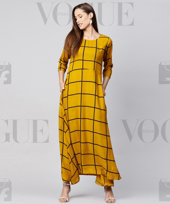 Nayo Women Checkered A-line Kurta(Yellow)