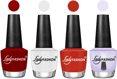 

Lady Fashion Most Alluring High Gloss Effect Matte Nail Polish Combo ( Set of 4 ) Blood Red , White, Amber, Top Coat(Pack of 4)