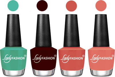 

Lady Fashion Most Alluring High Gloss Effect Matte Nail Polish Combo ( Set of 4 ) Green , Plum, Ton, Coral Sunset(Pack of 4)