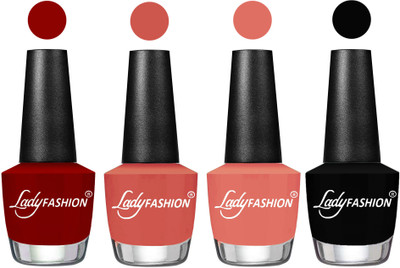 

Lady Fashion Most Alluring High Gloss Effect Matte Nail Polish Combo ( Set of 4 ) Blood Red , Ton, Coral Sunset, Black(Pack of 4)