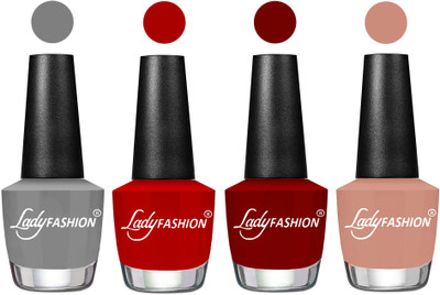 

Lady Fashion Most Alluring High Gloss Effect Matte Nail Polish Combo ( Set of 4 ) Grey, Red, Blood Red, Nude(Pack of 4)
