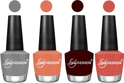 

Lady Fashion Most Alluring High Gloss Effect Matte Nail Polish Combo ( Set of 4 ) Grey, Coral, Plum, Ton,(Pack of 4)