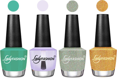 

Lady Fashion Most Alluring High Gloss Effect Matte Nail Polish Combo ( Set of 4 ) Green , Top Coat, Silver, Golden(Pack of 4)
