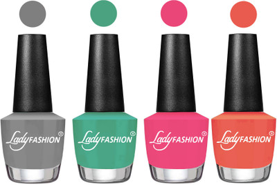 

Lady Fashion Most Alluring High Gloss Effect Matte Nail Polish Combo ( Set of 4 ) Grey, Green, Bright Pink, Carrot,(Pack of 4)