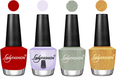 

Lady Fashion Most Alluring High Gloss Effect Matte Nail Polish Combo ( Set of 4 ) Red, Top Coat, Silver, Golden(Pack of 4)